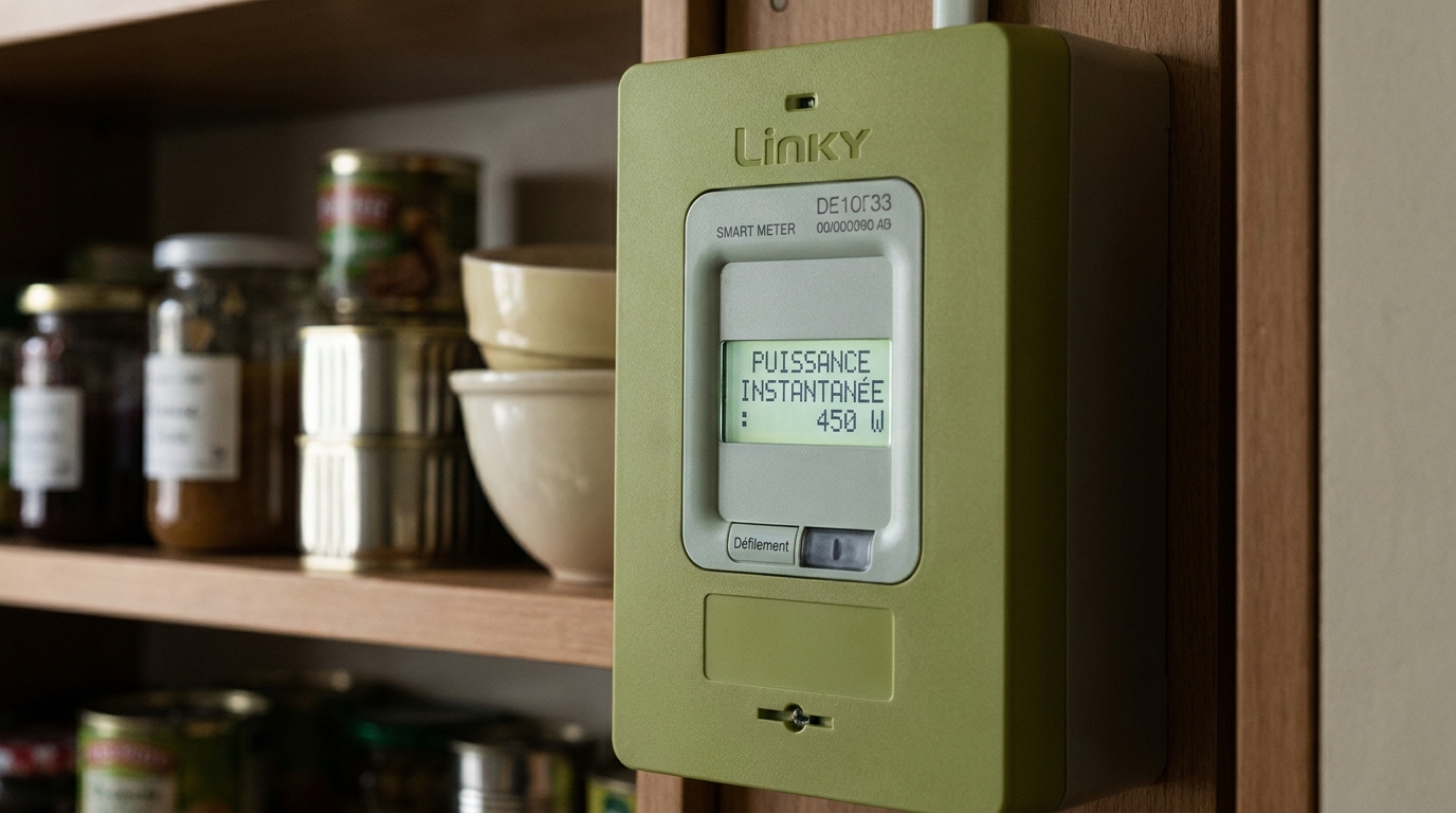 Un compteur Linky installé dans un placard de cuisine français