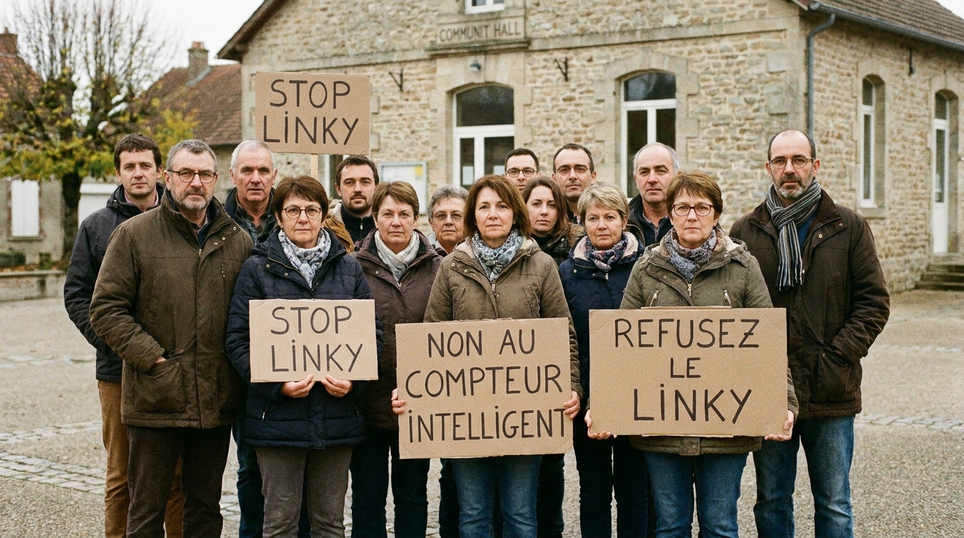 Rassemblement d'un collectif Stop Linky devant une mairie de village