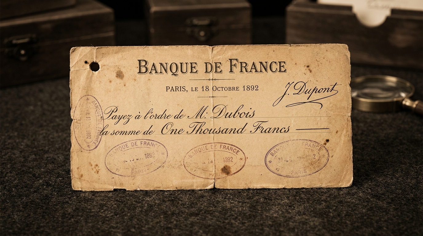 Reproduction historique d'un chèque français du XIXe ou début XXe siècle