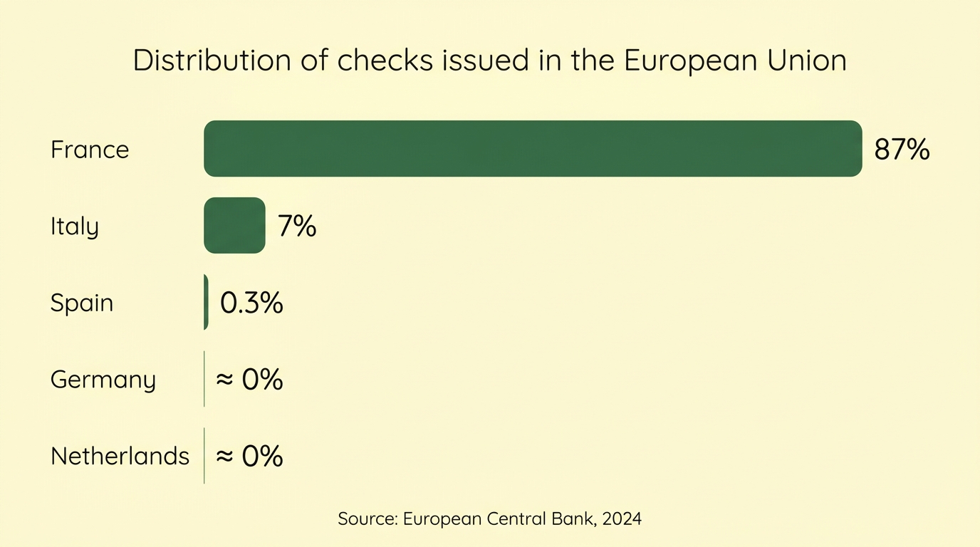 Infographie comparant l'usage du chèque dans cinq pays européens en 2024