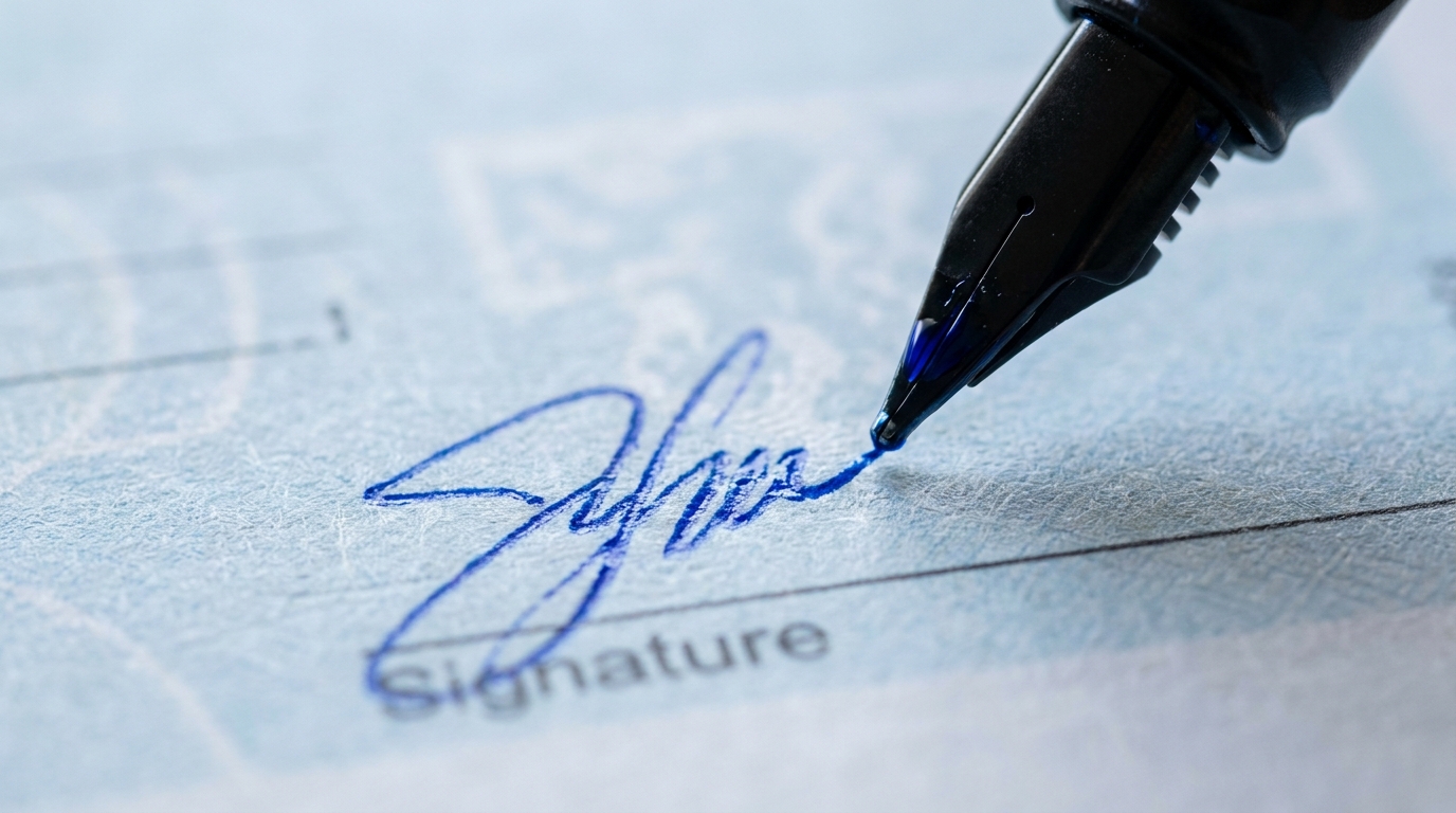 Macro d'une signature manuscrite en cours d'écriture au stylo plume sur un chèque français