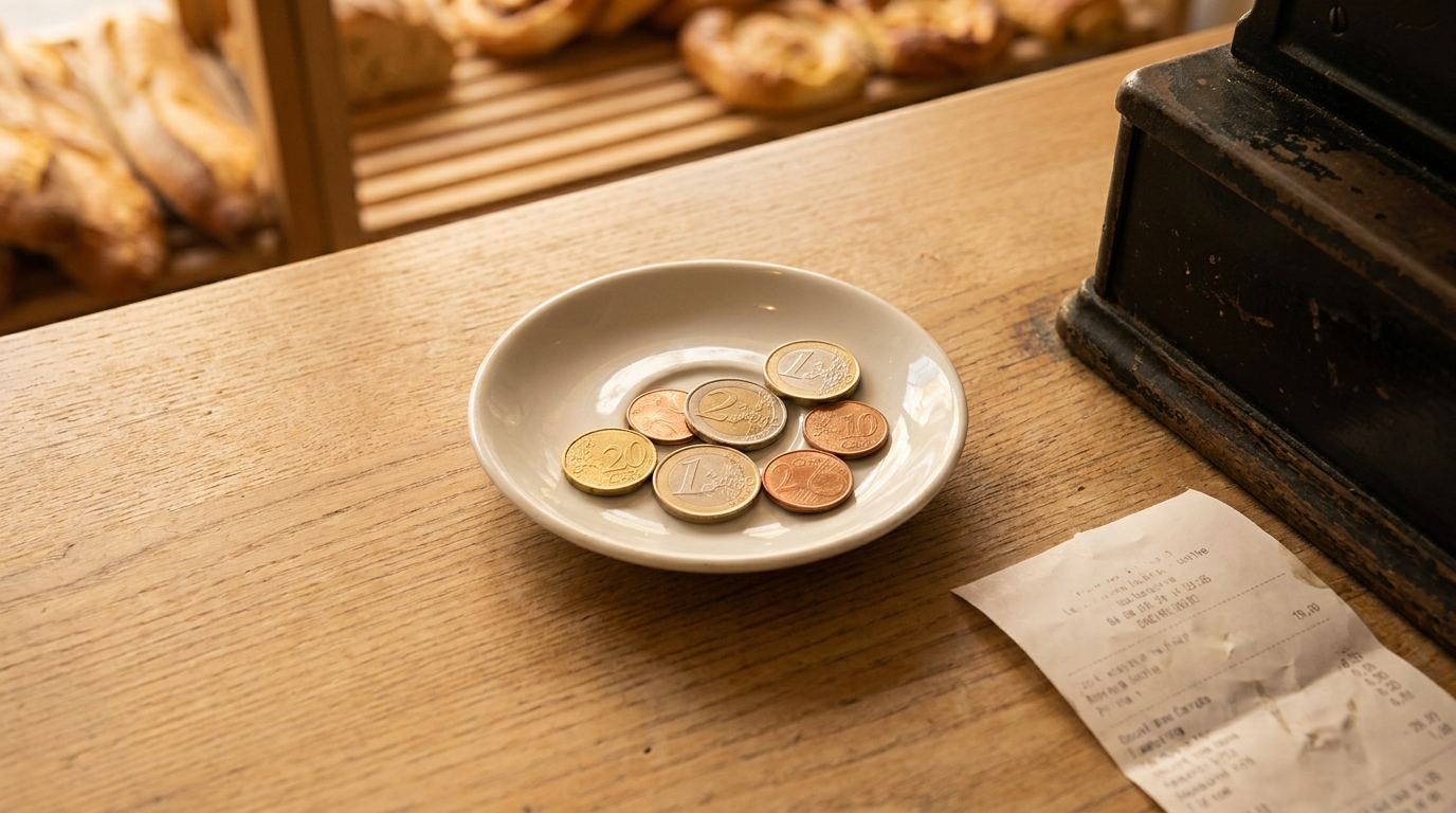 Une soucoupe avec quelques pièces de monnaie euros posée sur le comptoir d'une boulangerie française