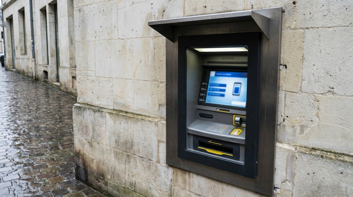 Un distributeur automatique de billets sur une façade d'agence bancaire française