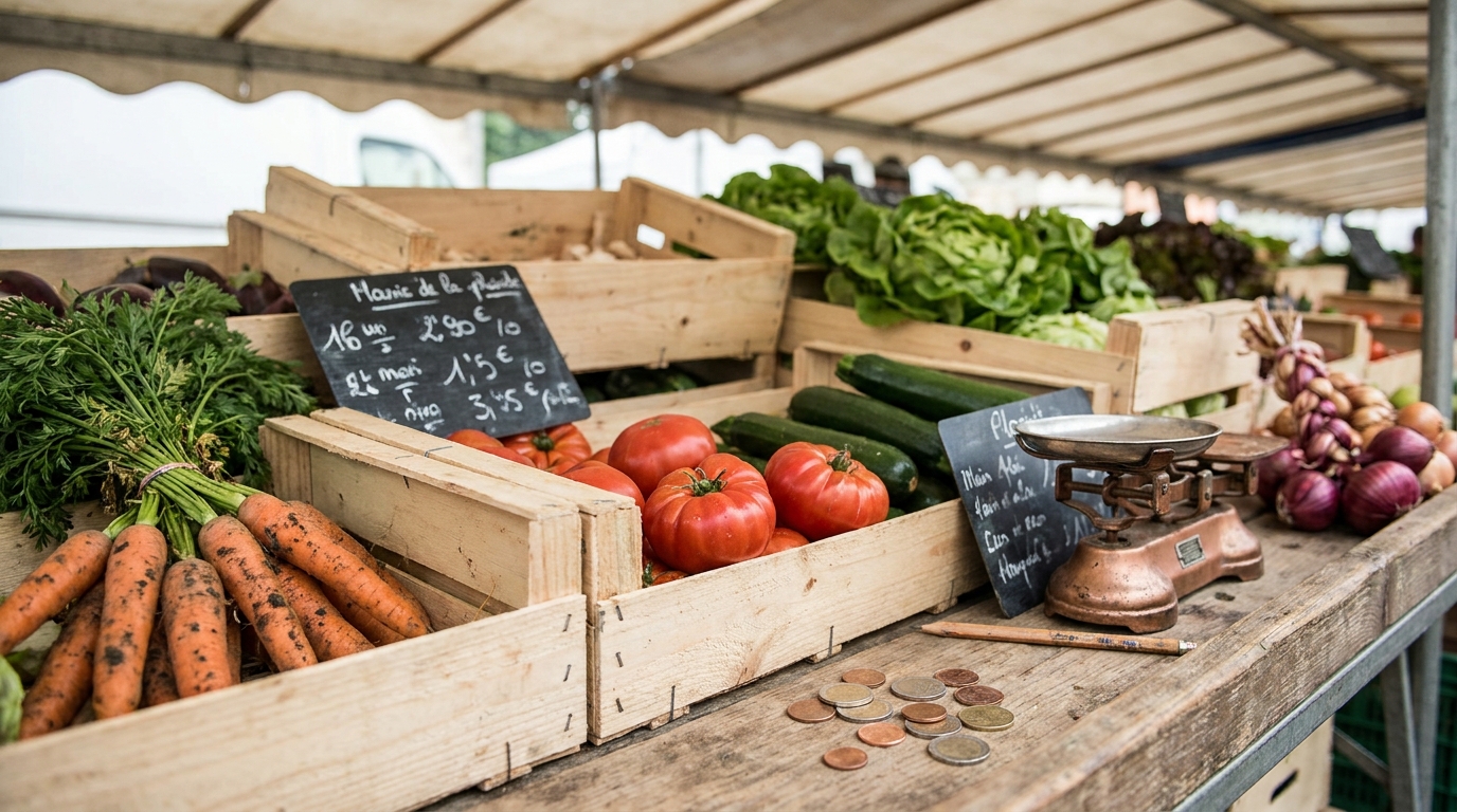 Un étal de marché de plein air français avec légumes et quelques pièces de monnaie posées sur le rebord