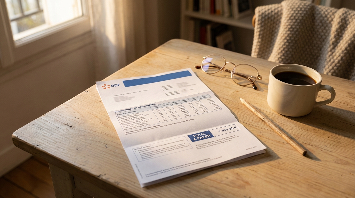 Facture d'électricité papier dépliée sur une table en bois avec lunettes et tasse de café