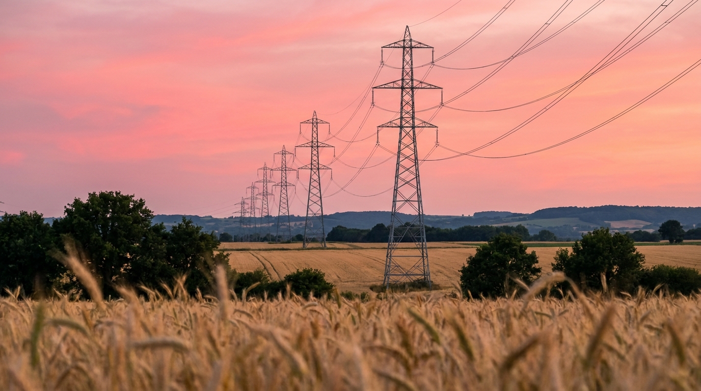 Pylônes haute tension RTE traversant un paysage rural français au crépuscule