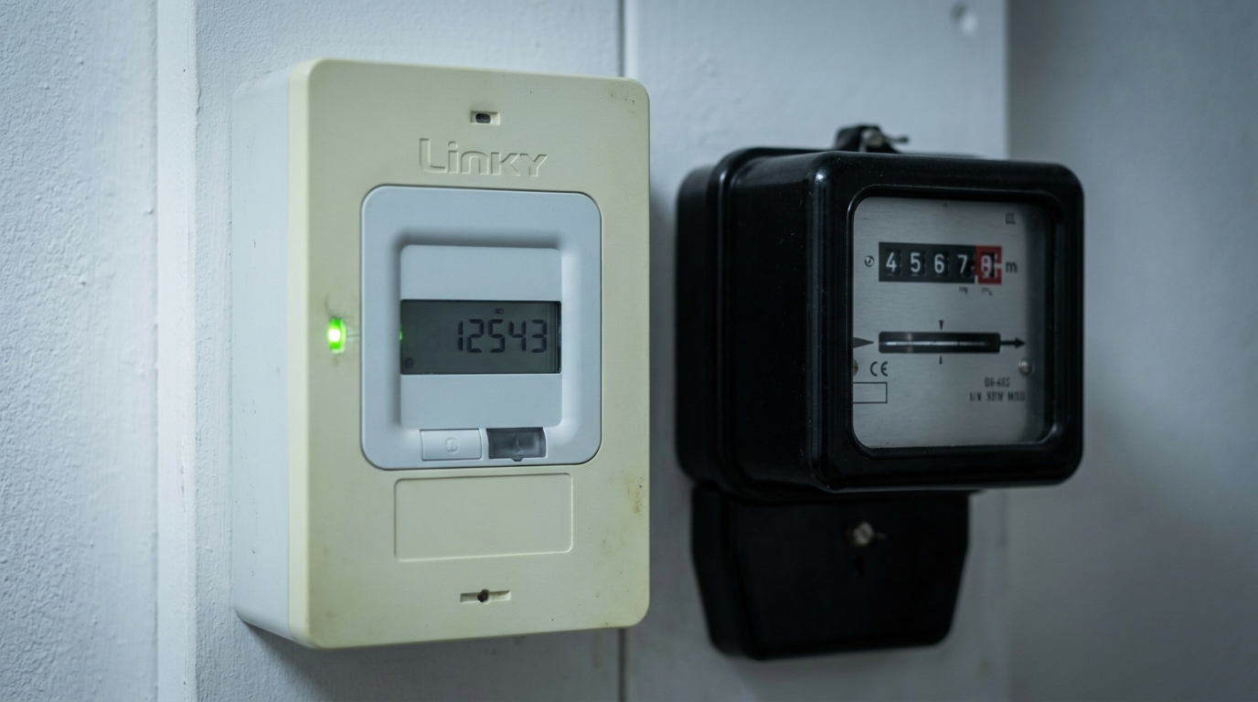 Compteur Linky moderne et ancien compteur électromécanique côte à côte pour comparaison