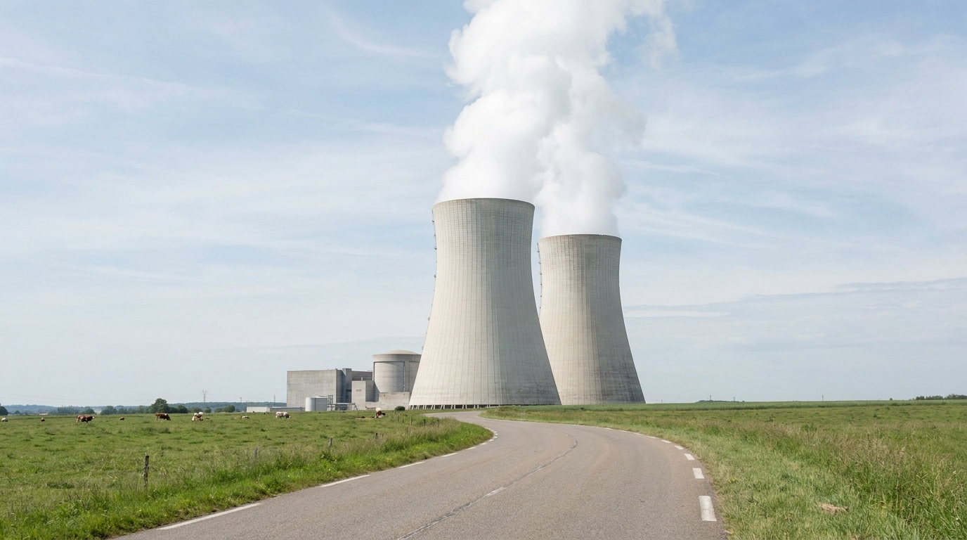 Centrale nucléaire française vue à distance avec panache de vapeur des tours de refroidissement