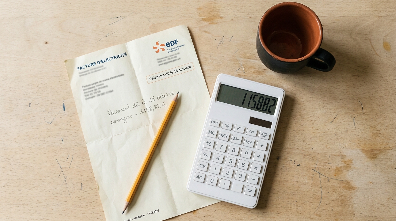 Facture d'électricité avec calculatrice et crayon en vue de dessus, geste de vérification