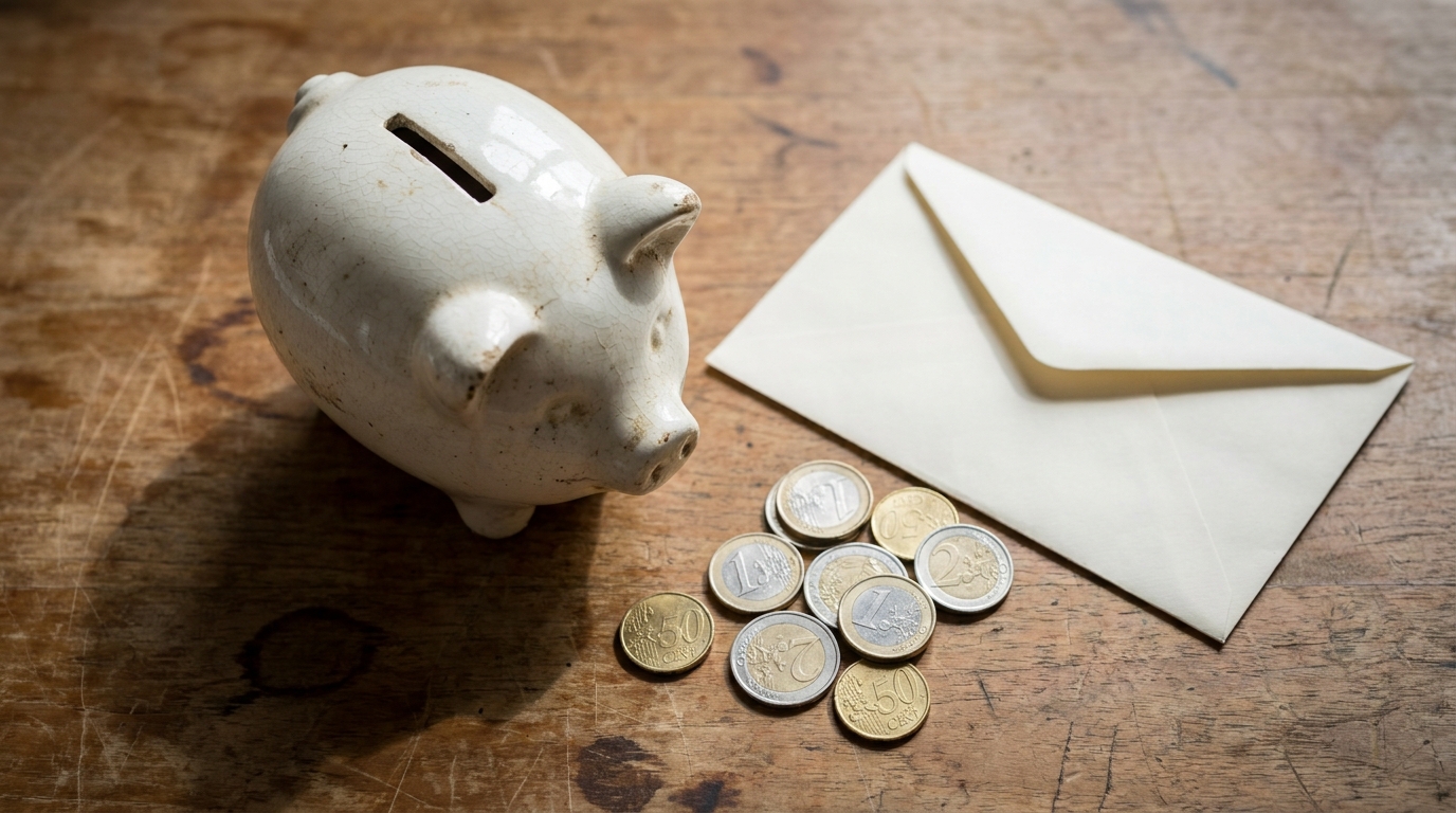 Tirelire en céramique blanche avec pièces de monnaie françaises et enveloppe sur table en bois