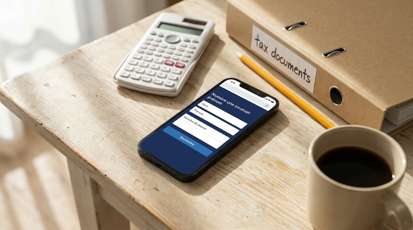 Smartphone affichant une interface de déclaration administrative en ligne sur un bureau à domicile