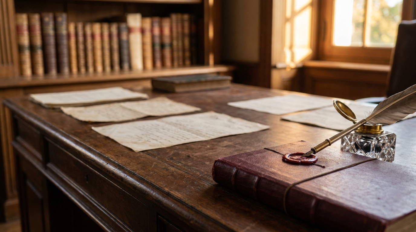 Bureau d'étude notariale française avec acte juridique ancien, plume et sceau de cire