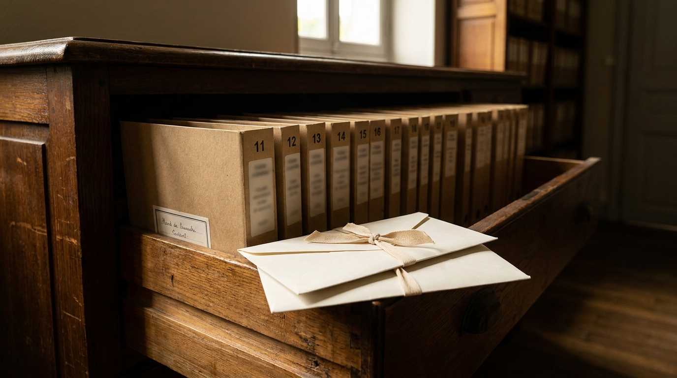 Tiroir d'archives administratives ouvert avec chemises kraft numérotées et enveloppes ficelées