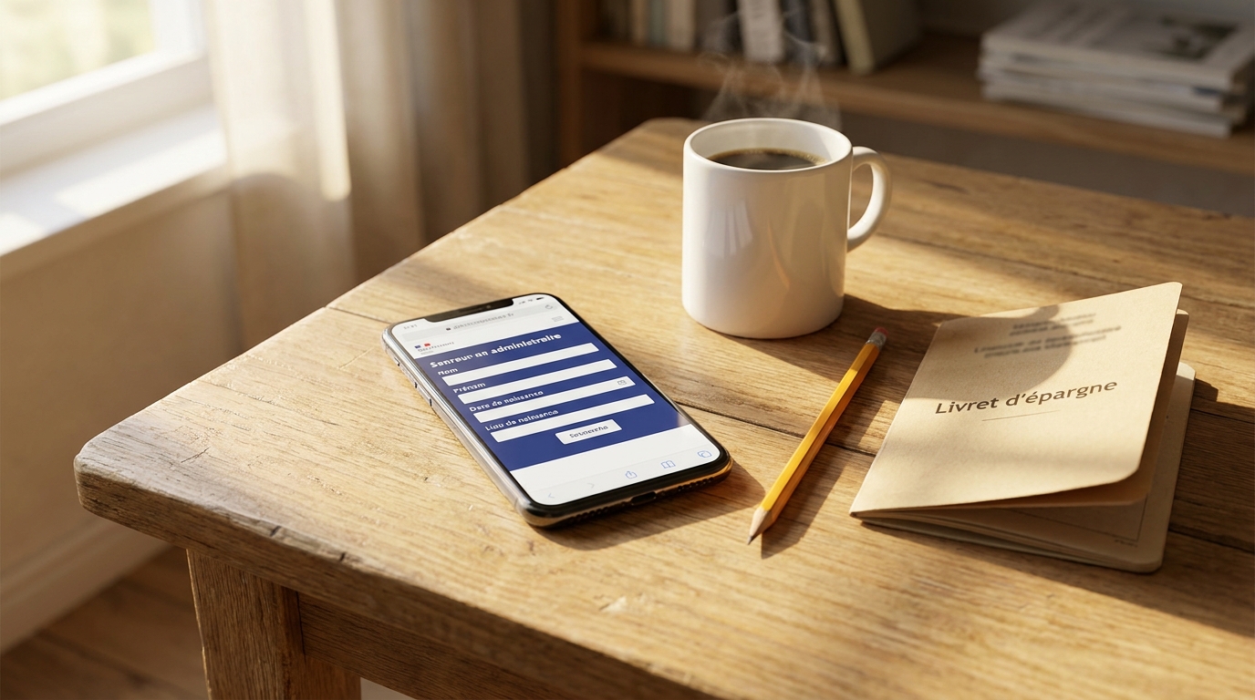 Smartphone affichant une interface de recherche administrative avec ancien livret d'épargne sur table en bois