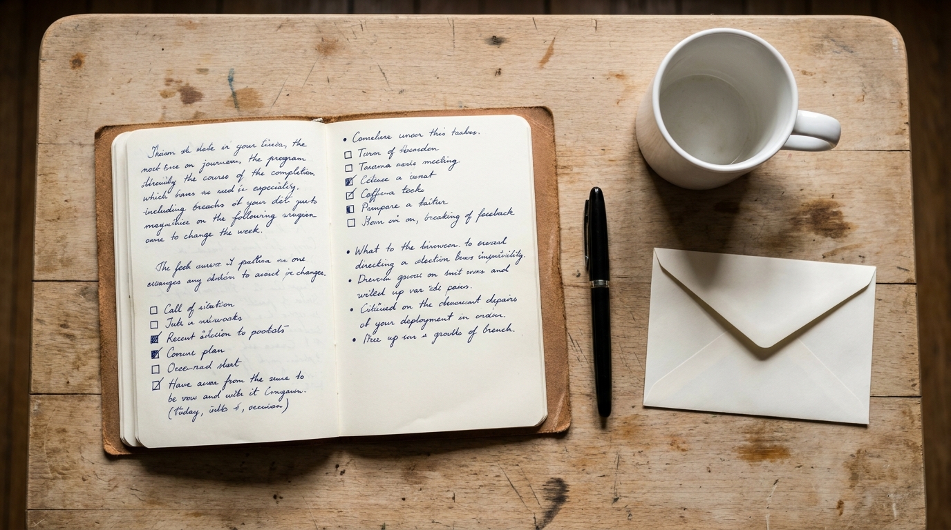 Cahier d'inventaire ouvert sur deux pages avec stylo plume et tasse de café sur table en bois
