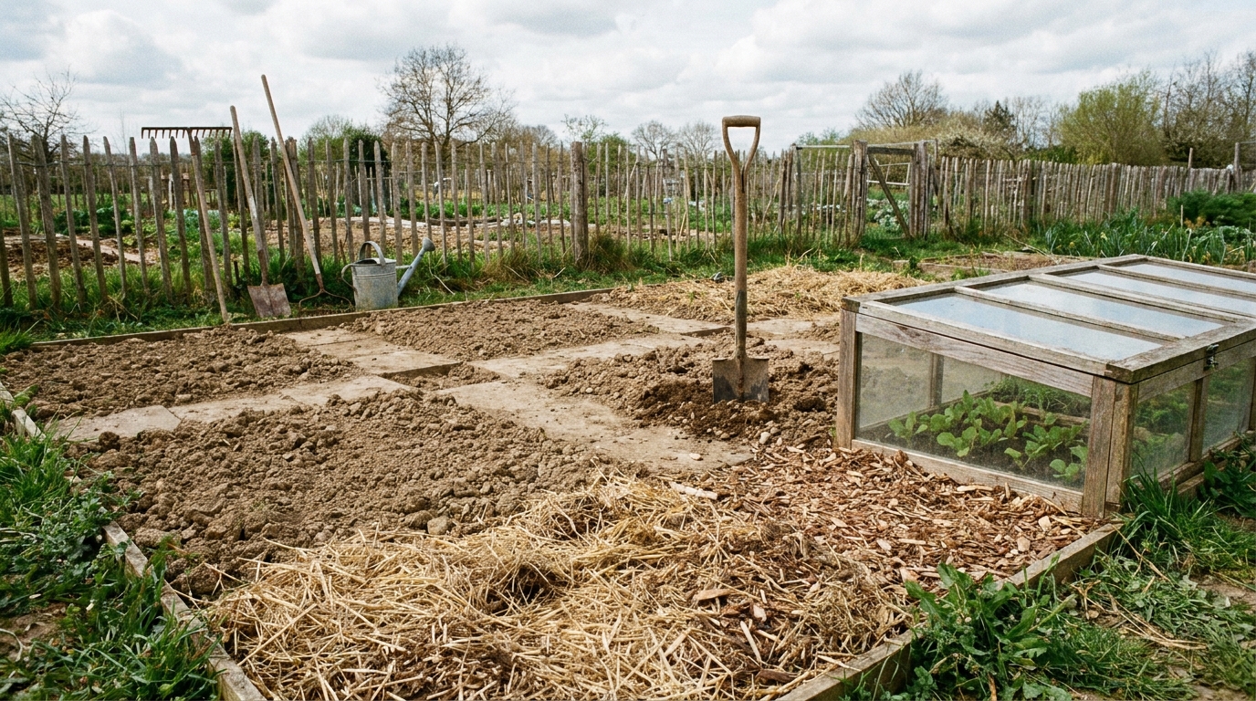 Un potager français de mars en préparation, avec sol bêché, paillage, châssis vitré