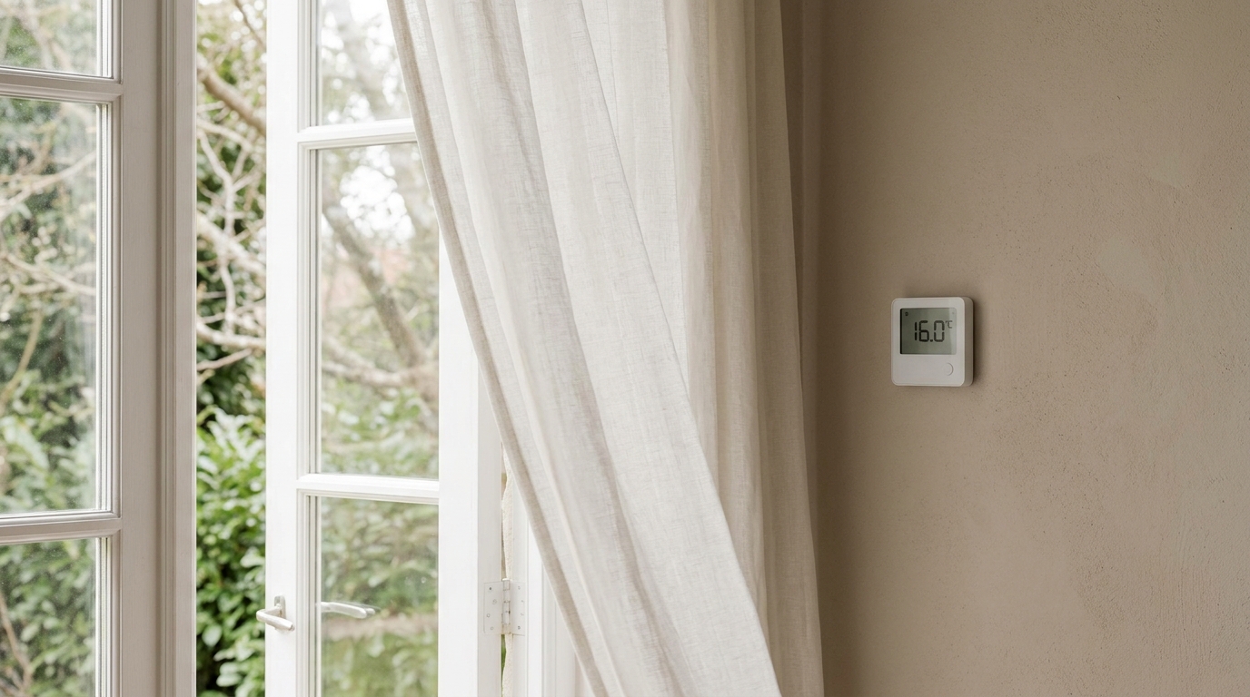 Un thermostat affichant 16 degrés à côté d'une fenêtre entrouverte au printemps