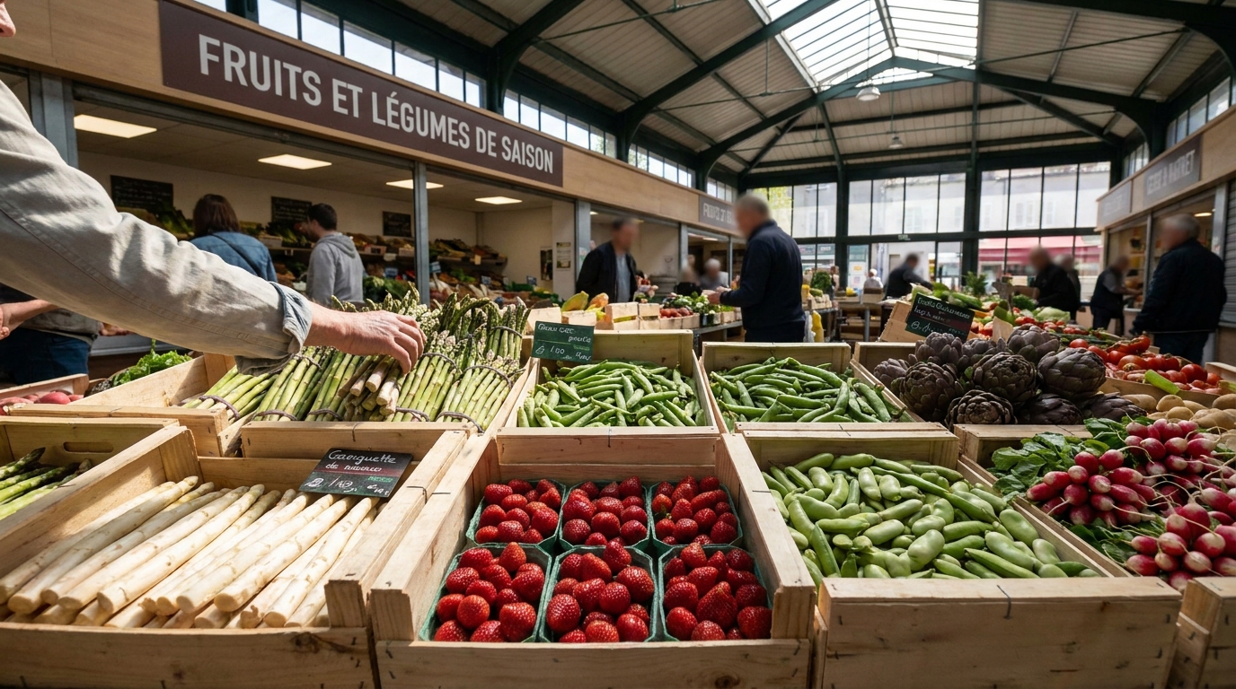 Un étal de marché français de printemps avec asperges, fraises, petits pois et fèves