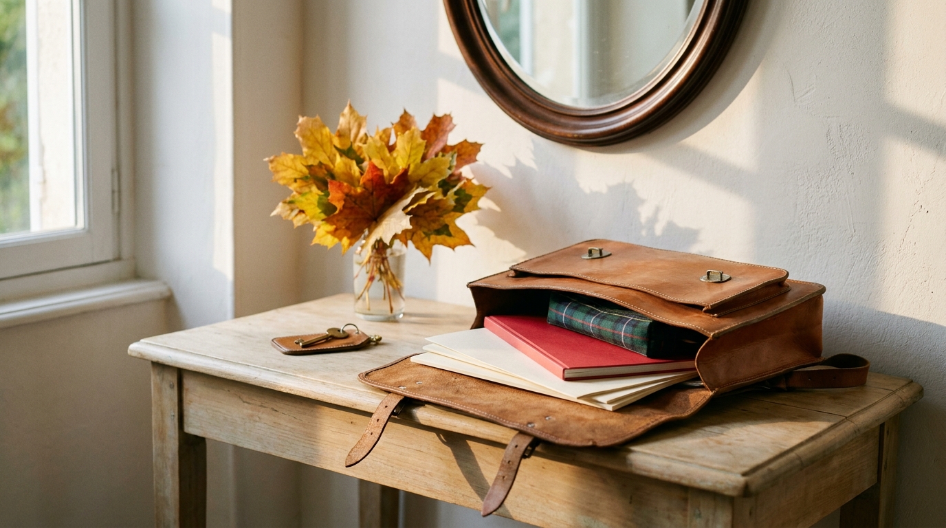 Cartable d'écolier posé sur une console d'entrée avec feuilles d'érable jaunissantes en septembre