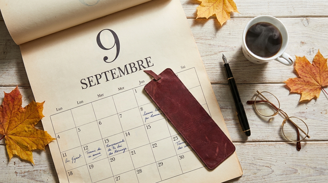 Calendrier mural français ouvert sur la page de septembre avec annotations manuscrites