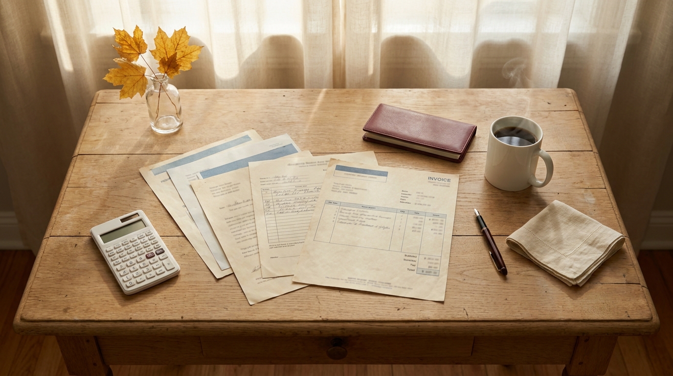 Bureau à domicile avec documents administratifs, calculatrice, chéquier et feuilles d'érable jaunissantes