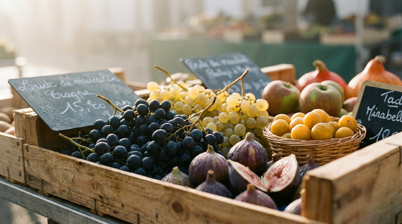 Étal de marché français matinal en septembre avec raisins, figues, mirabelles, pommes et potirons