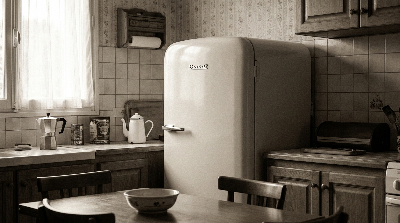 Un réfrigérateur Brandt français des années 1960 dans une cuisine d'époque.