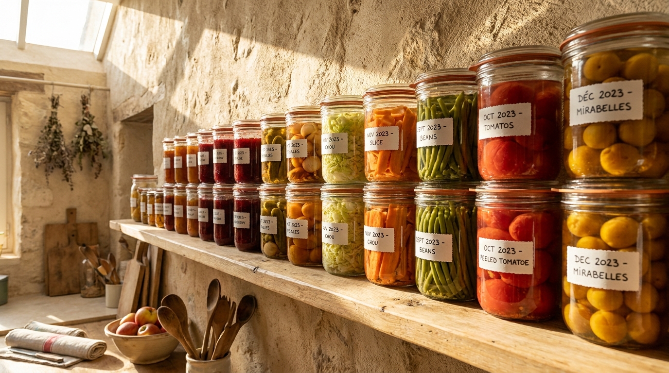 Une étagère en bois chargée de bocaux de conserve maison étiquetés à la main : confitures, pickles, légumes lacto-fermentés