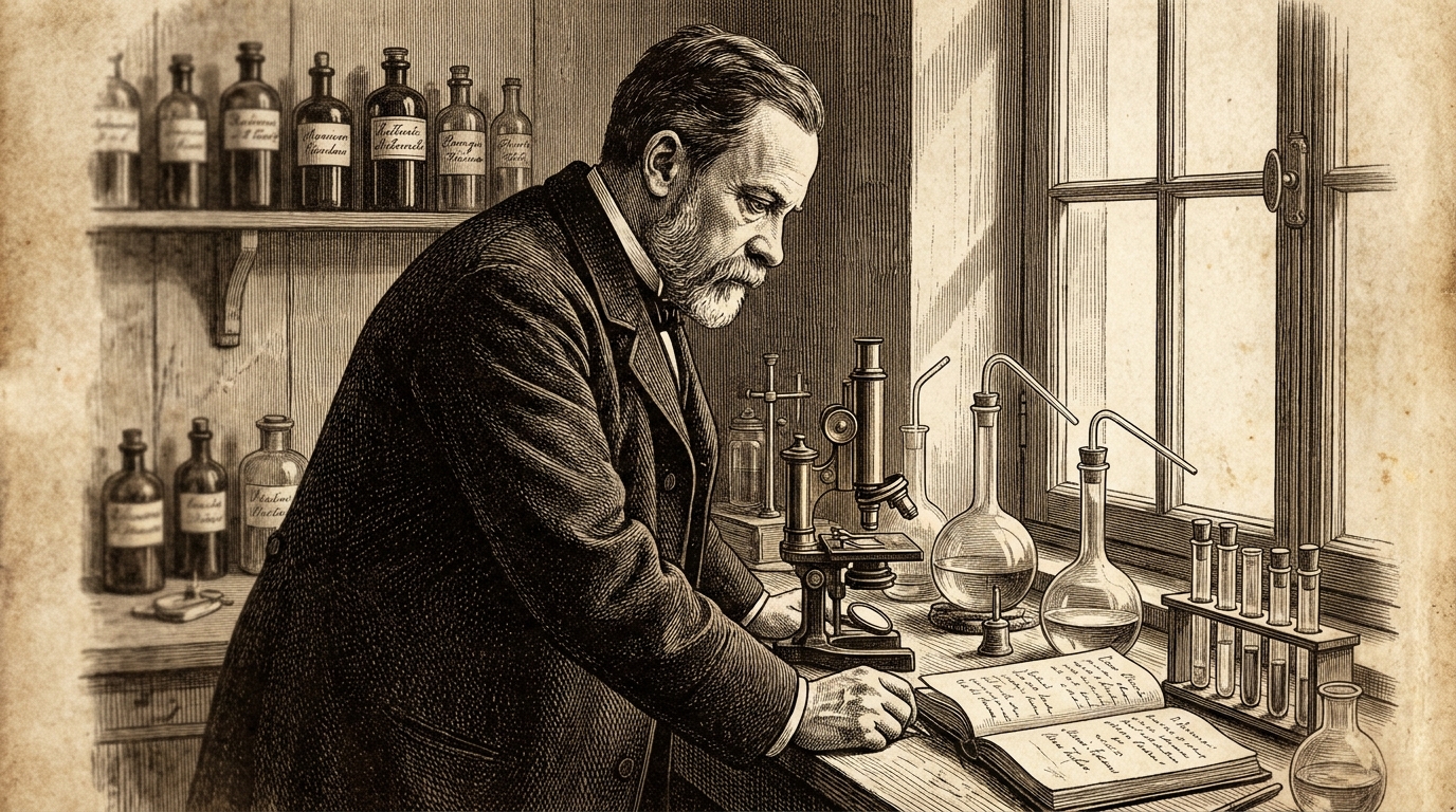 Reproduction historique de Louis Pasteur dans son laboratoire, devant son microscope