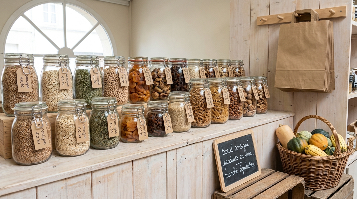 Étal d'épicerie en vrac française avec bocaux consignés étiquetés à la main contenant céréales et légumineuses