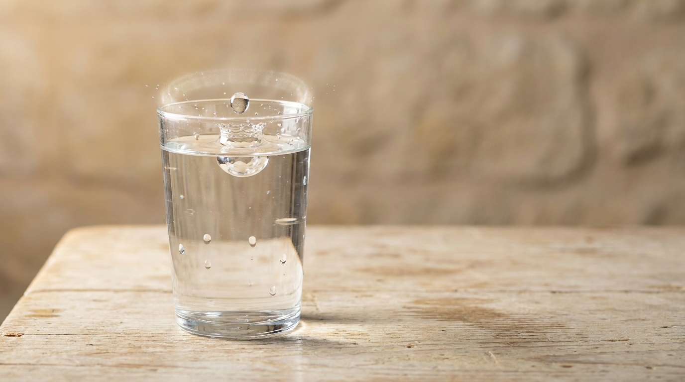 Un verre d'eau du robinet sur une table en bois, lumière naturelle, goutte qui tombe sur la surface