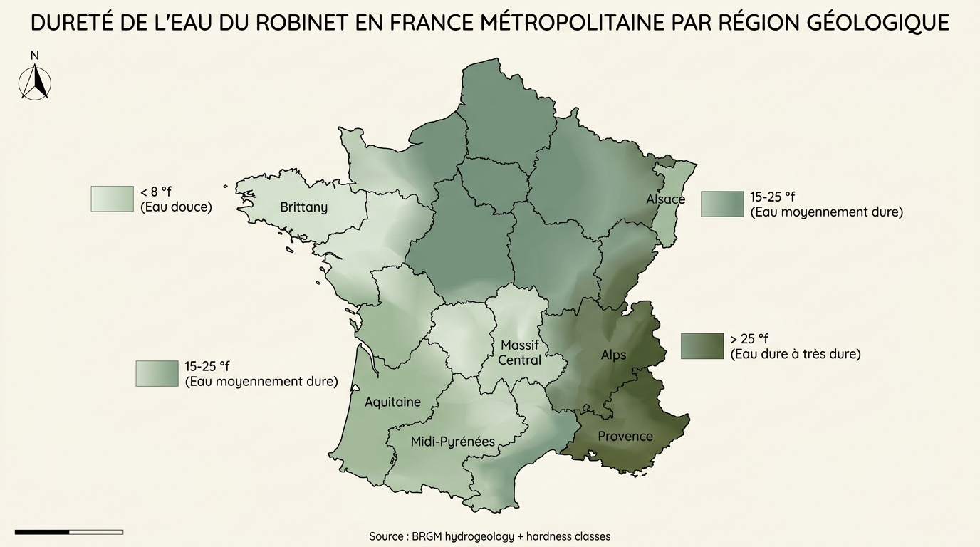 Carte de France de la dureté de l'eau du robinet, par grandes régions géologiques