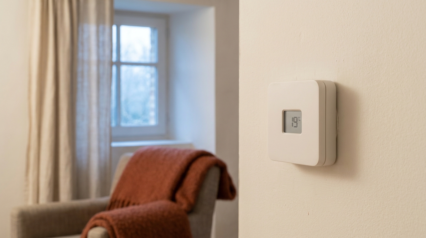 Thermostat domestique réglé à 19 degrés sur un mur d'intérieur français, lumière hivernale