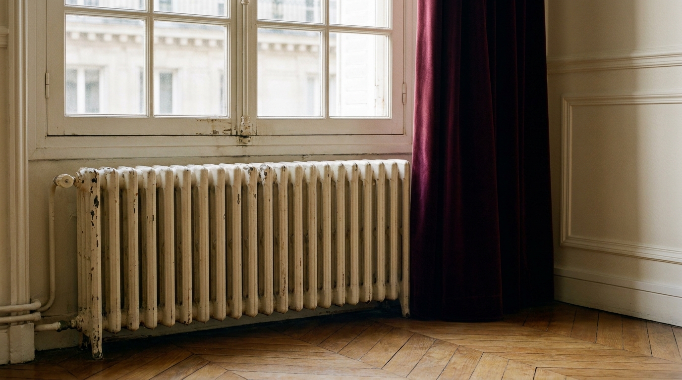 Radiateur en fonte ancien sous une fenêtre dans un intérieur haussmannien parisien en hiver
