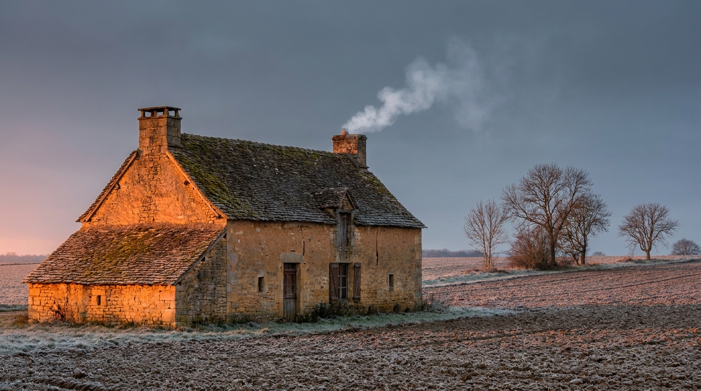Maison de campagne française en pierre dans un paysage hivernal, fumée de cheminée au crépuscule