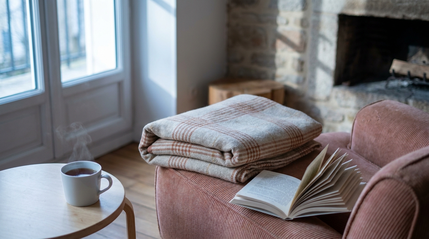 Fauteuil avec plaid et tasse de thé près d'une fenêtre en hiver, ambiance feutrée