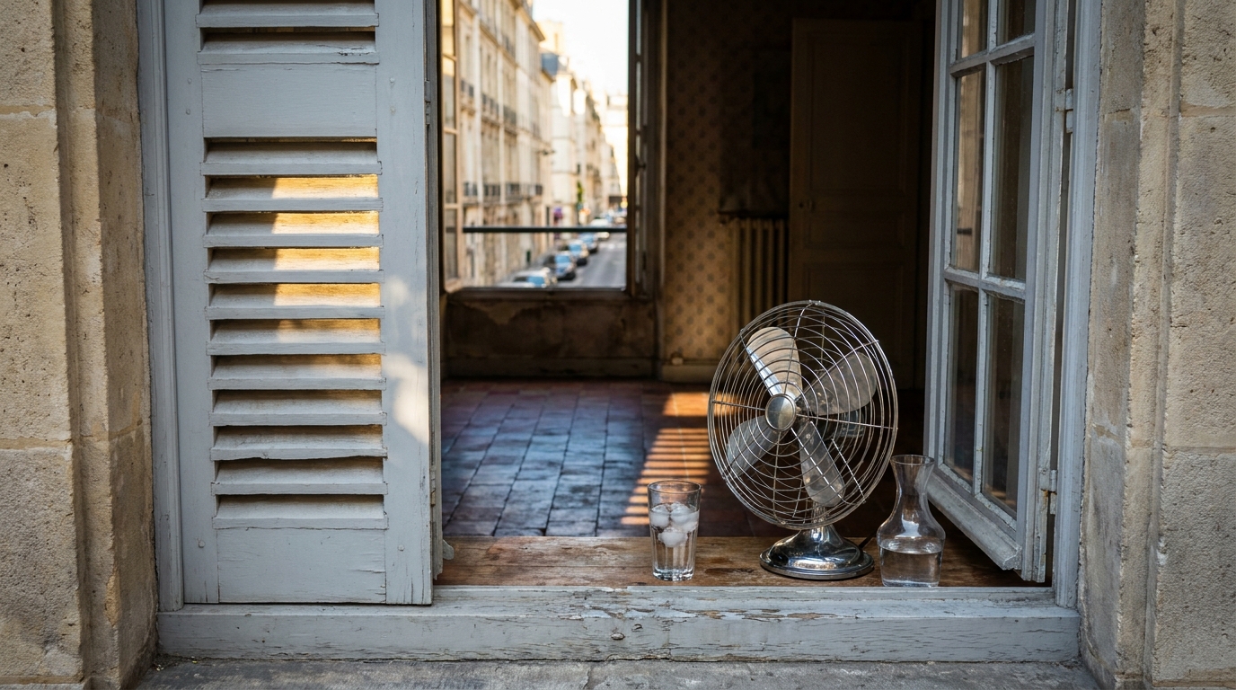 Persiennes mi-fermées et ventilateur de table dans un intérieur français pendant la canicule