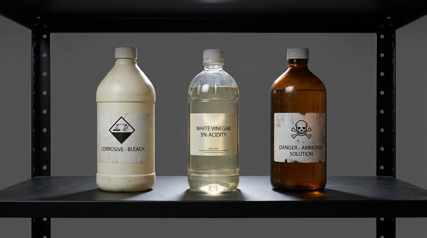 Eau de Javel, vinaigre blanc et ammoniaque alignés sur une étagère noire, photographie scientifique