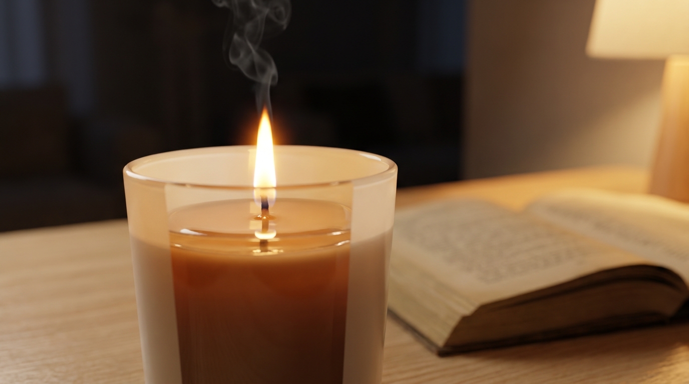 Bougie parfumée allumée en gros plan, flamme et fumée légère