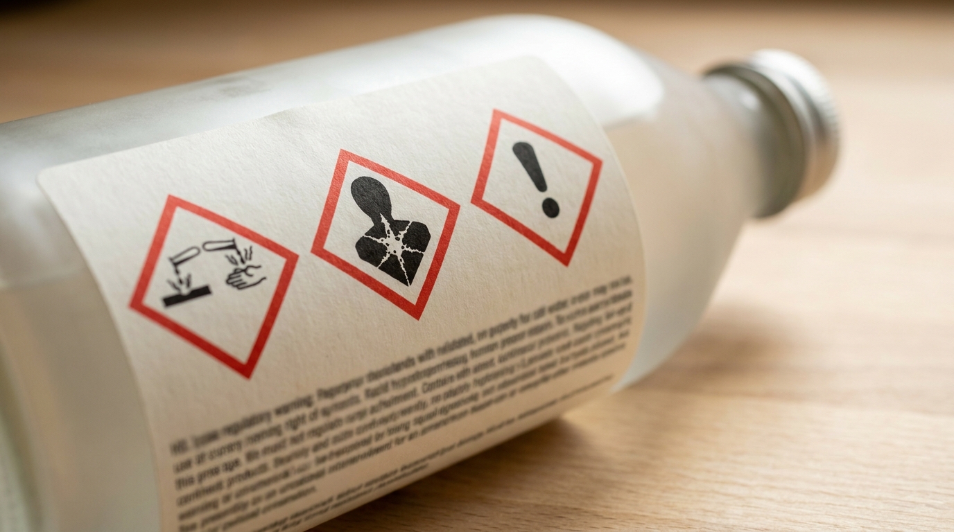 Étiquette de produit ménager en macro montrant les pictogrammes de danger CLP européens