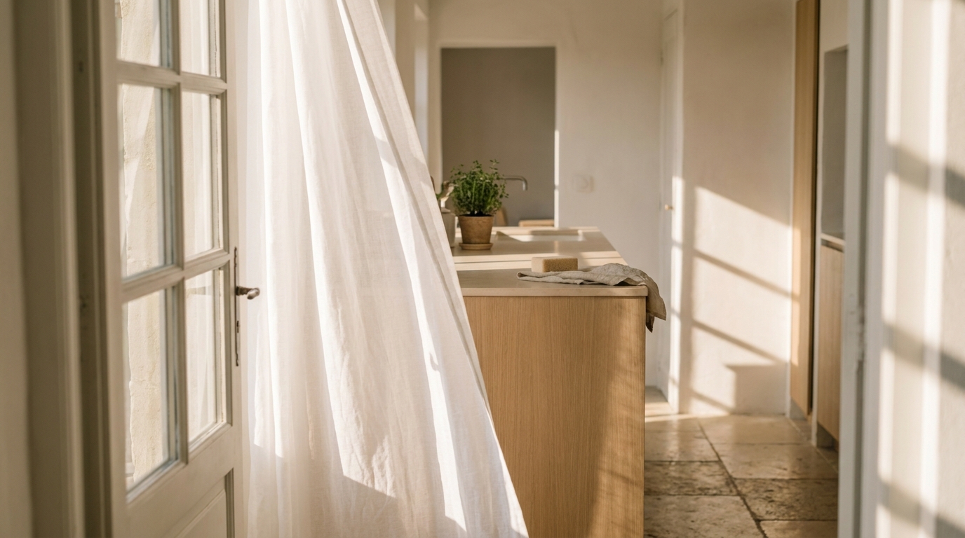 Rideau de coton qui se soulève à une fenêtre française ouverte le matin, aération naturelle