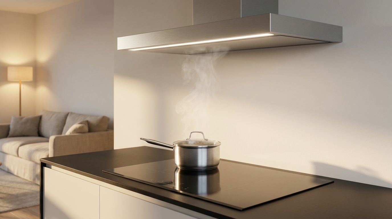 Cuisine française ouverte avec hotte aspirante en marche au-dessus d'une plaque à induction et vapeur visible