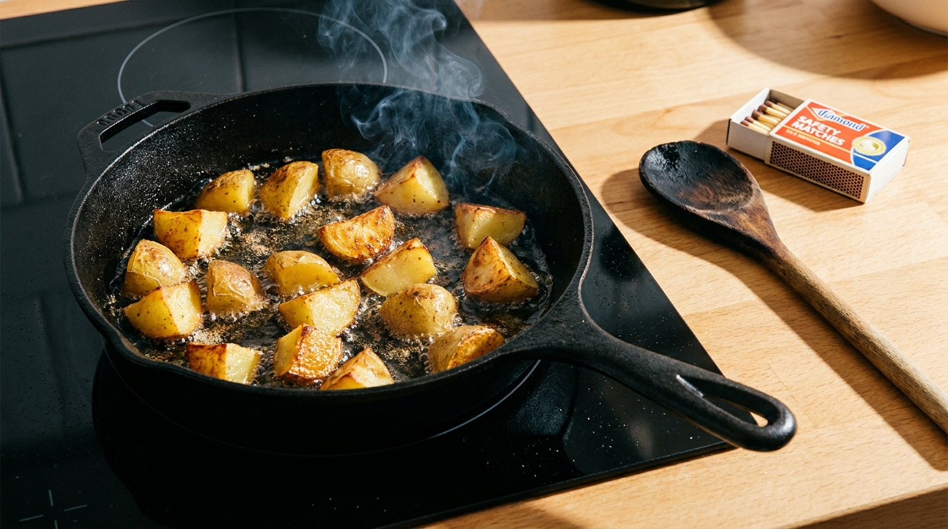 Pommes de terre sautées dans une poêle en cours de cuisson avec fumée légère qui s'élève
