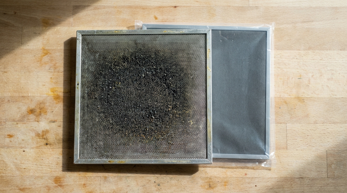 Filtre à charbon actif de hotte usagé encrassé posé à côté d'un filtre neuf pour comparaison