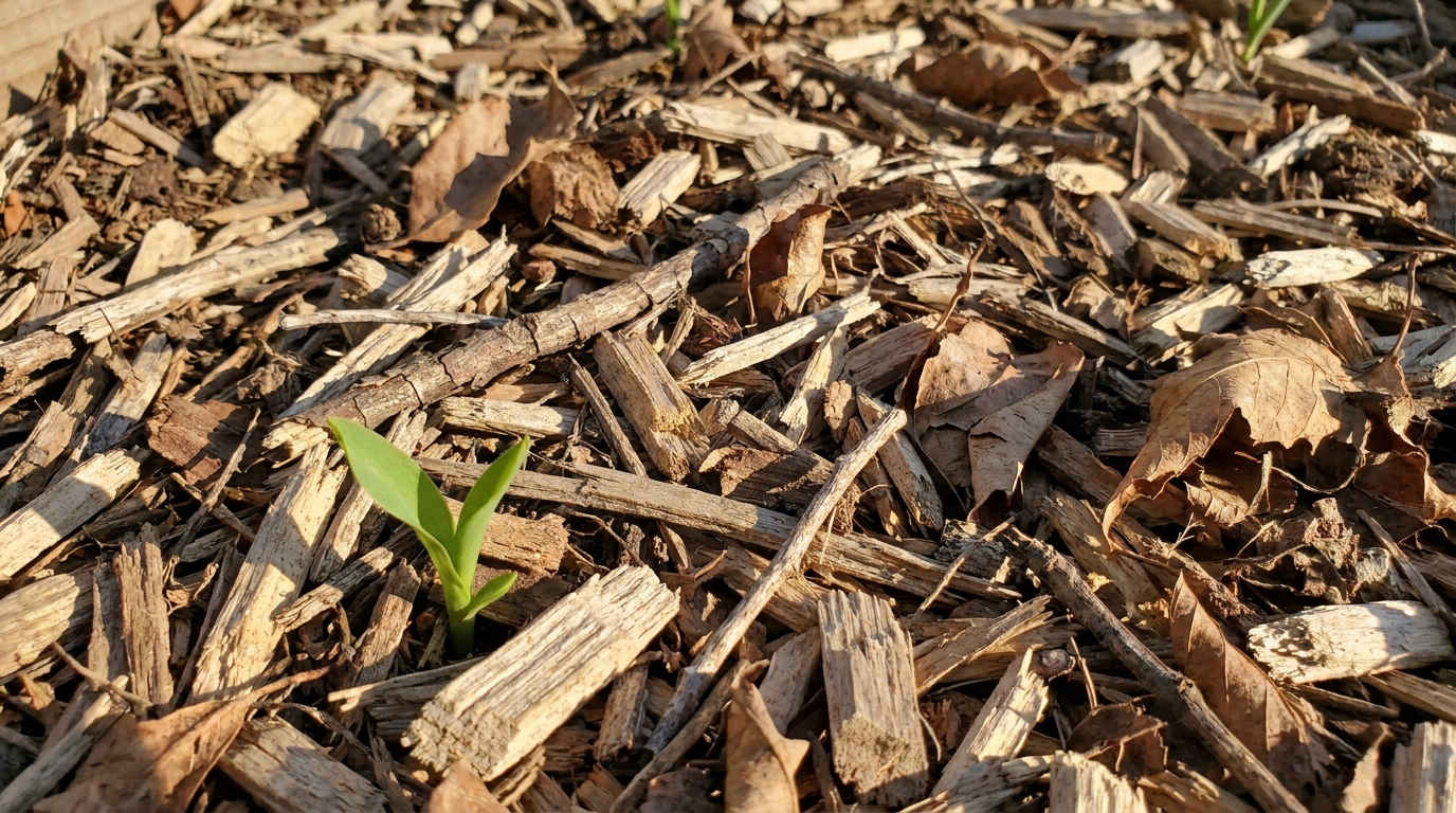 Un sol de potager couvert d'un paillage de bois broyé, avec une pousse verte qui émerge