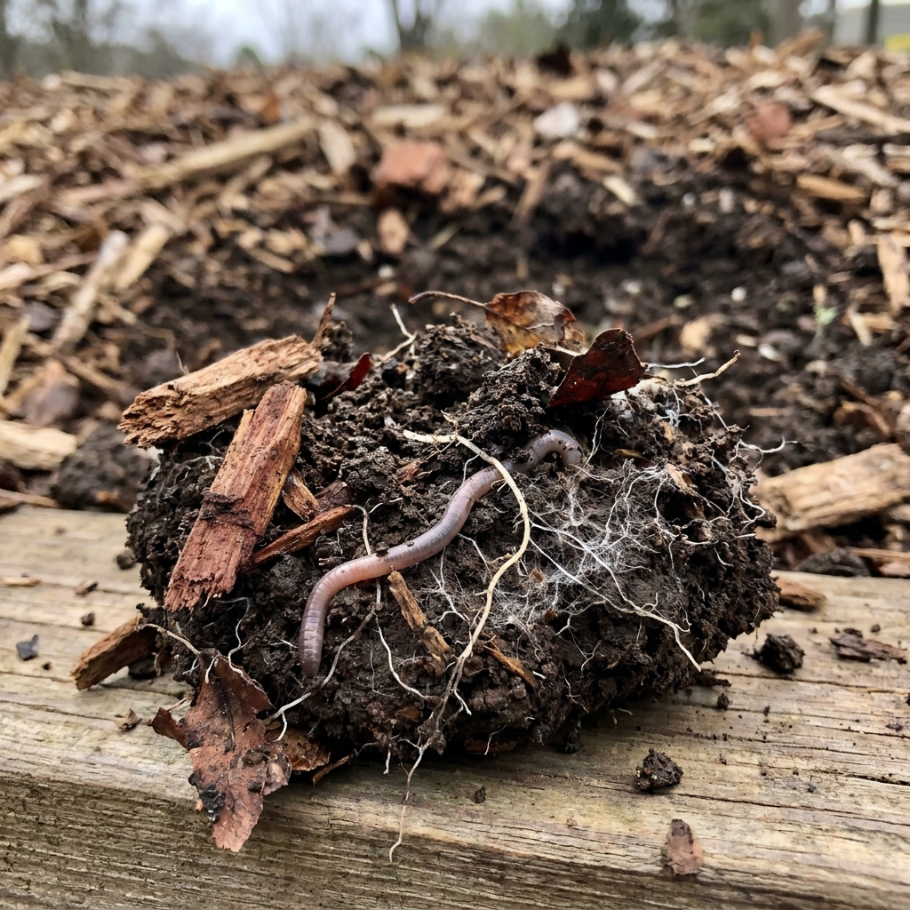 Macro d'une motte de terre paillée, avec un lombric et des filaments mycéliens visibles