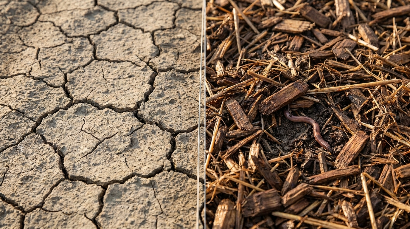 Comparaison entre un sol nu craquelé par la sécheresse et un sol paillé qui garde son humidité
