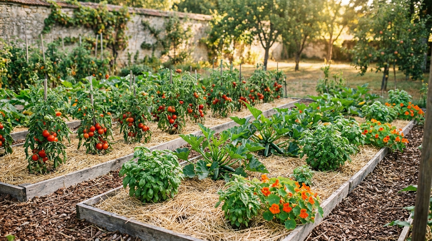 Un potager français paillé en pleine production estivale
