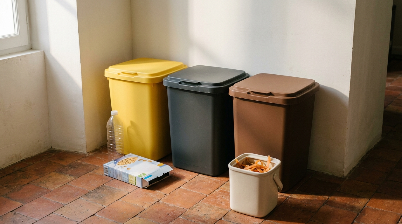 Trois bacs de tri sélectif alignés dans une cuisine française : emballages, ordures, biodéchets