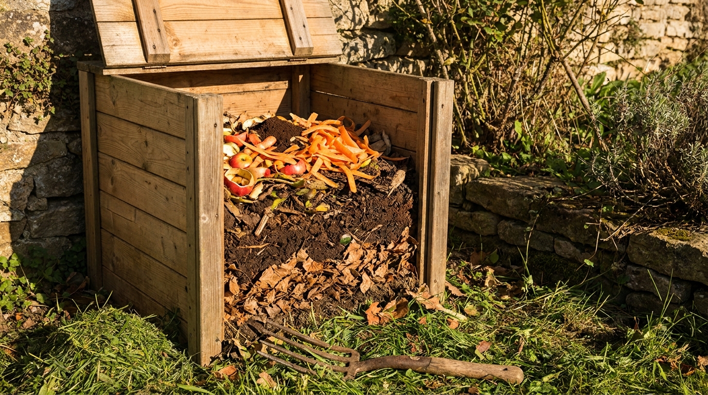 Composteur de jardin domestique ouvert avec épluchures fraîches et compost en décomposition